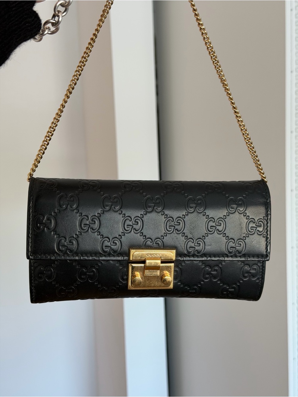 Gucci Black Embossed GG Leather Shoulder Bag with Gold Chain